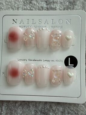 Cute 3D Bear & Bow Press-On Nails in Sheer Pink Large